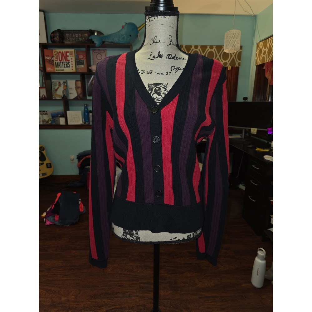 Cabi 3538 Striped V-Neck Cardigan Sweater Red Purple Black Ribbed Knit Large